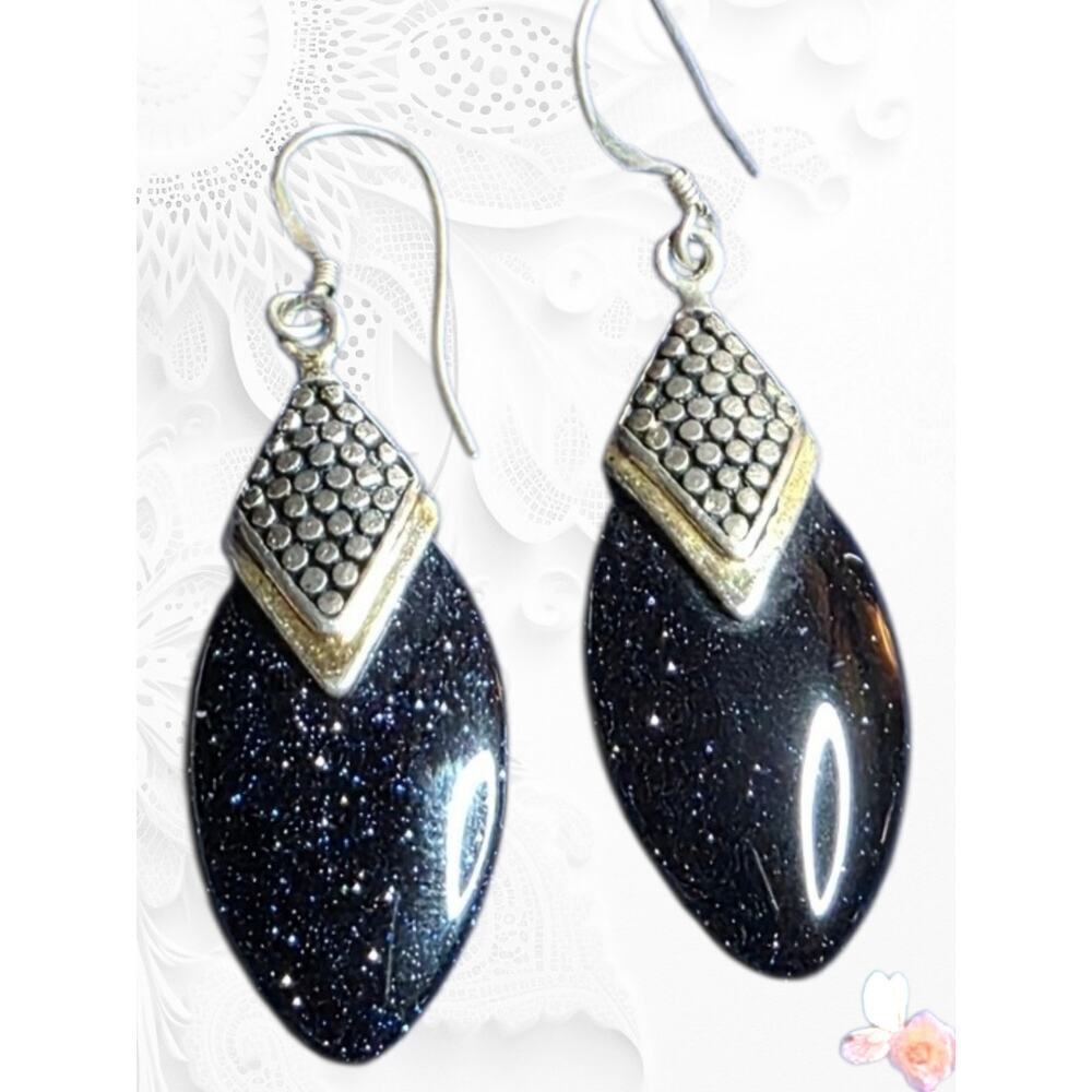 Blue Goldstone Statement Dangle Earrings Sterling Silver 925 Marquise Drop 628